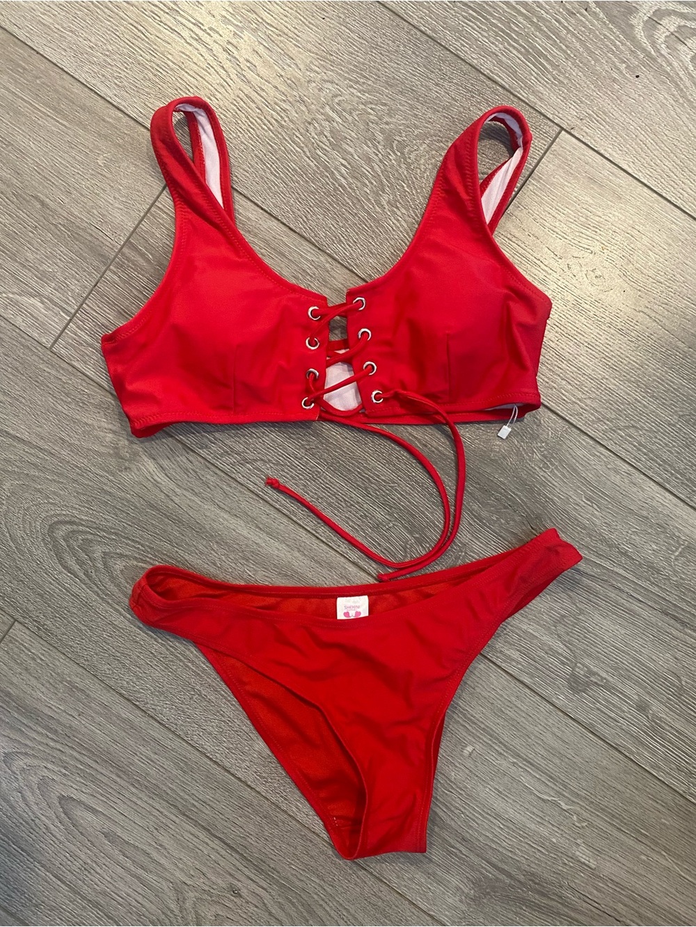 Shekini Red Lace-Up Bikini Set